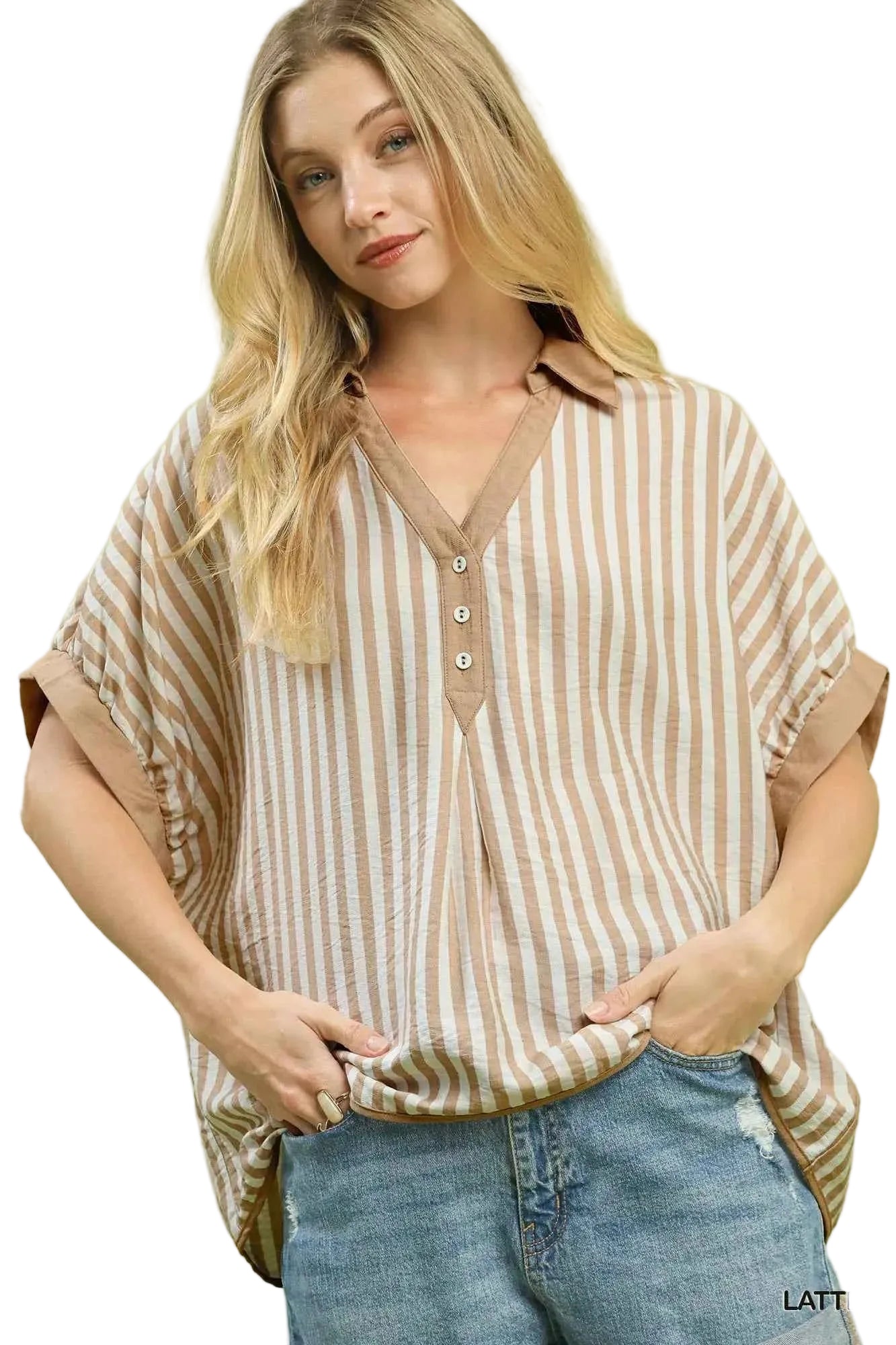 TEEK - Stripe Collared Oversized Top TOPS TEEK Trend LATTE S