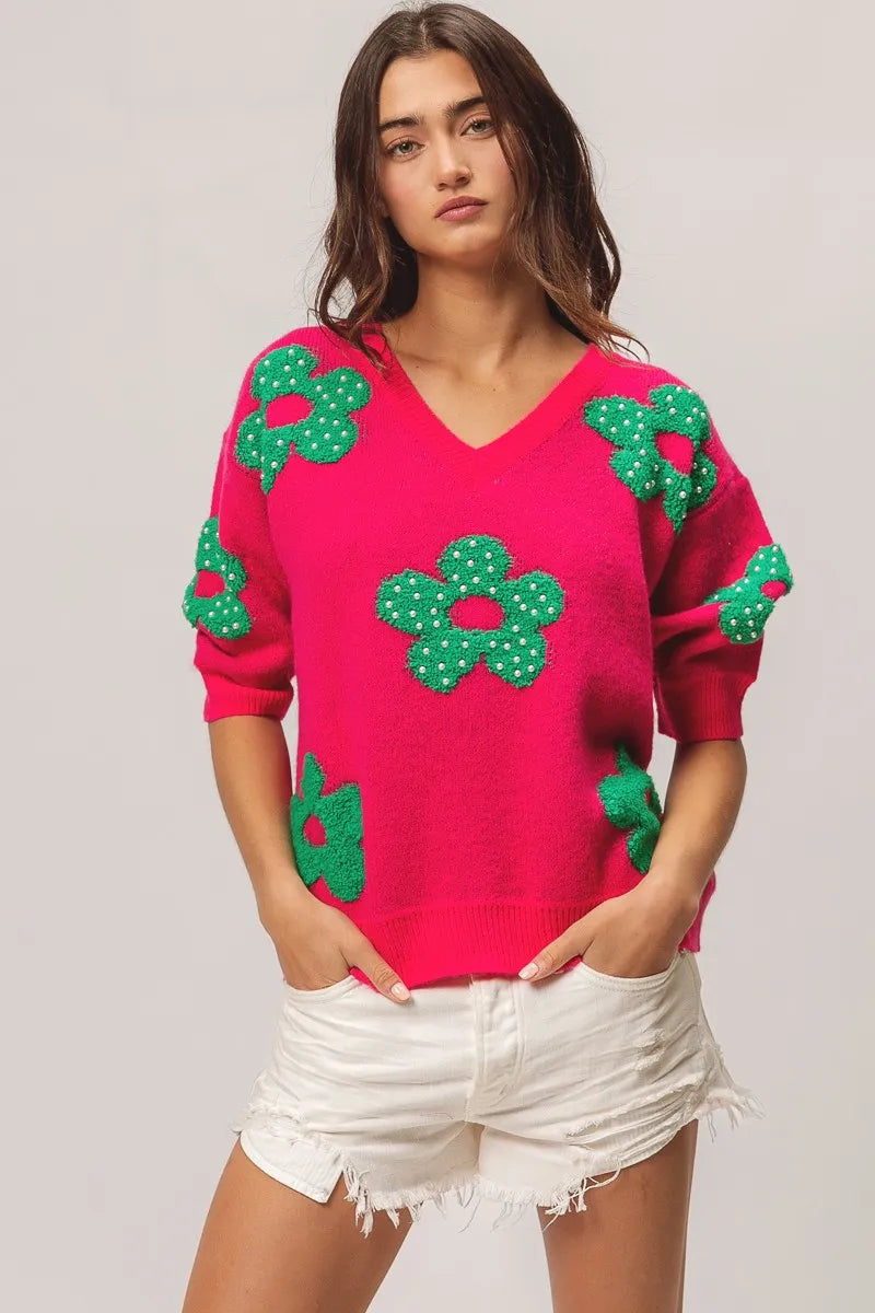 TEEK - Fuchsia Jade Pearl Beads Flowers Sweater Top TOPS TEEK Trend