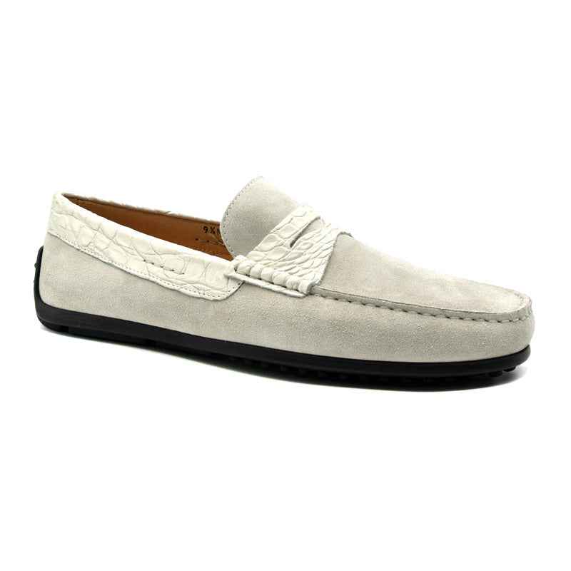 TEEK - 31-160-WHT MONZA Sueded Calfskin with Crocodile Driver, White SHOES TEEK ZI White 8.5 Medium