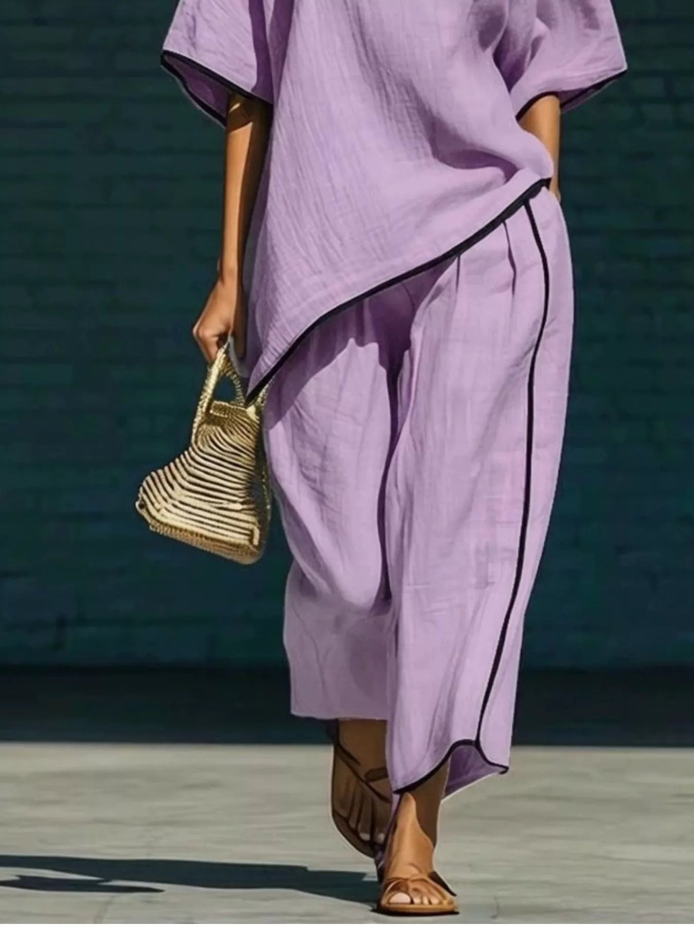 Full Size Contrast Trim Half Sleeve Top and Pants Set Plus Size Trendsi