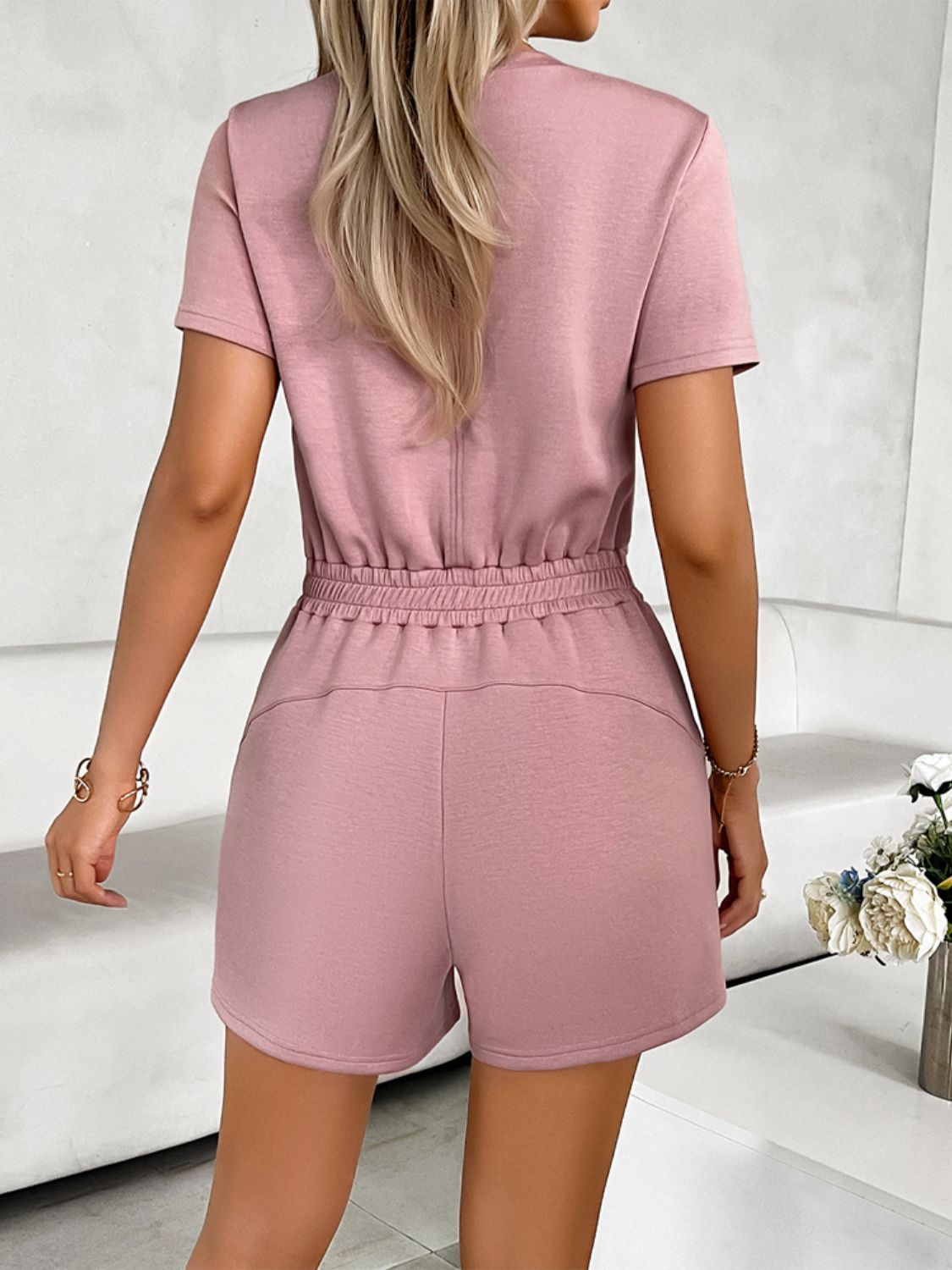 TEEK - Tied Round Neck Short Sleeve Romper JUMPSUIT TEEK Trend   