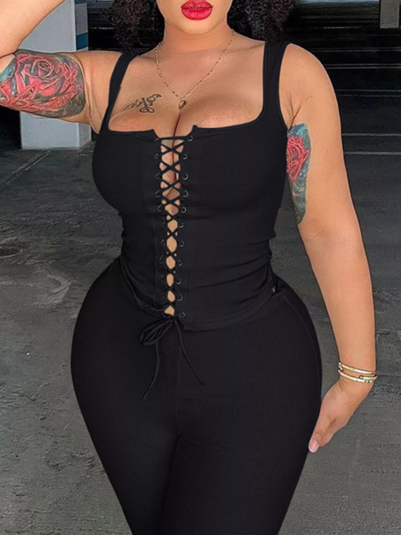 TEEK - Lace-Up Tank and Capris Set SET TEEK Trend Black S
