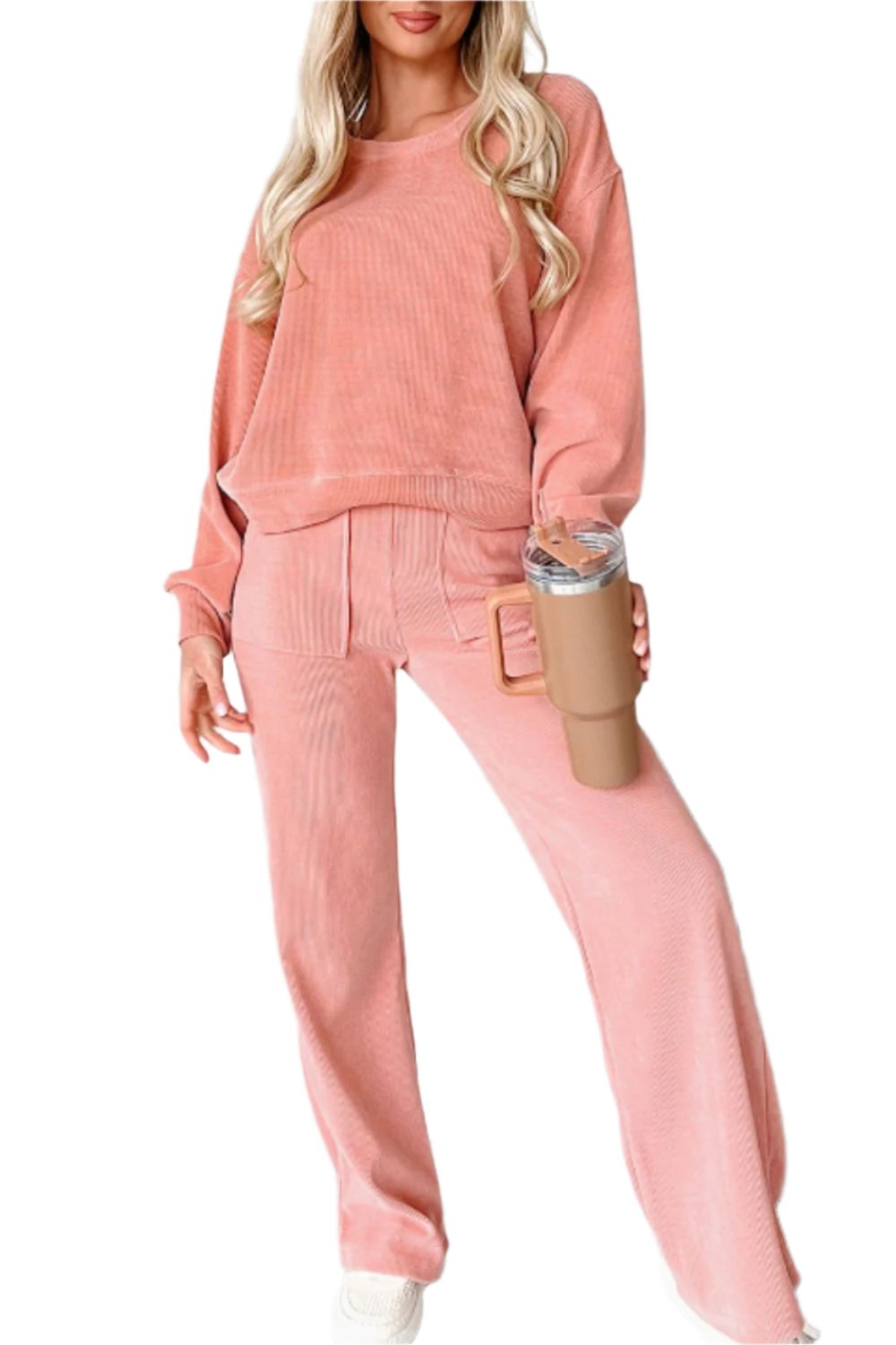 Round Neck Long Sleeve Top and Pants Set TEEK Trend Pink S