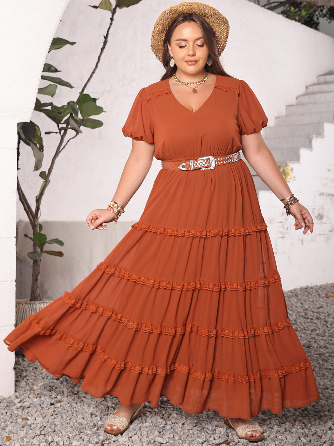 TEEK - Plus Size Rust Ruched Lace Detail V-Neck Dress DRESS TEEK Trend   