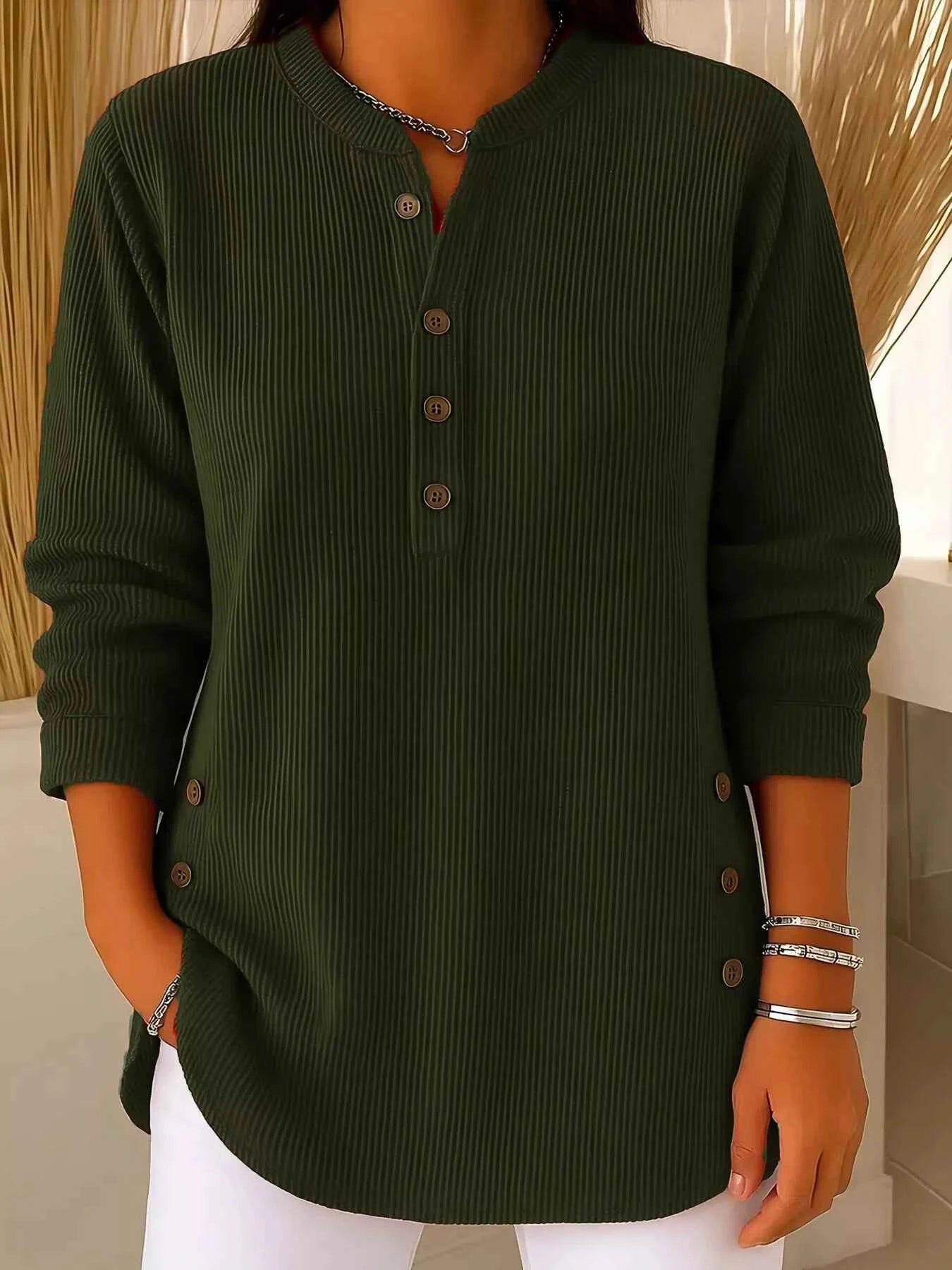 TEEK - Full Size Ribbed Half Button Henley Top Plus Size TOPS TEEK Trend Army Green S