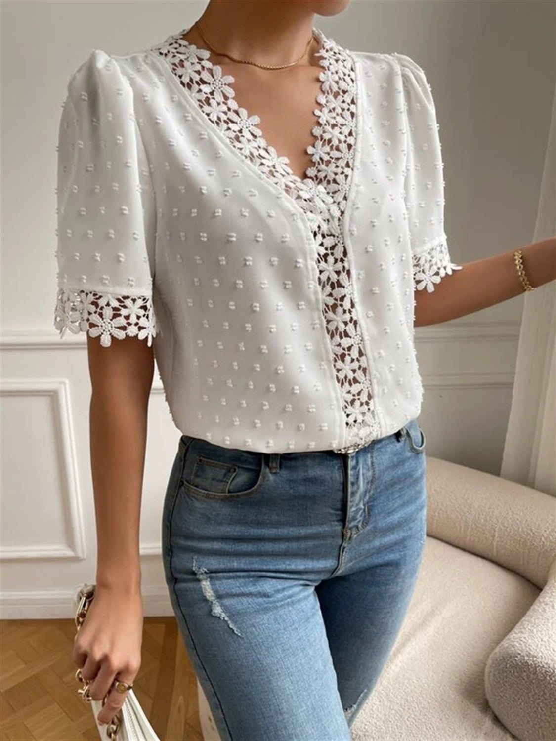 TEEK - Swiss Dot V-Neck Short Sleeve Blouse TOPS TEEK Trend White S 