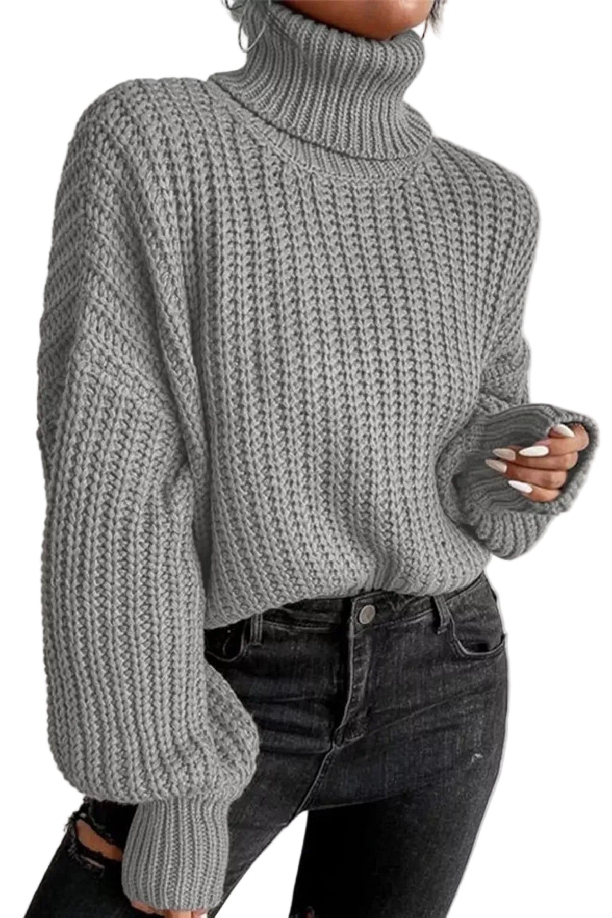 Chuny Knit Turtleneck Long Sleeve Sweater Trendsi Gray S