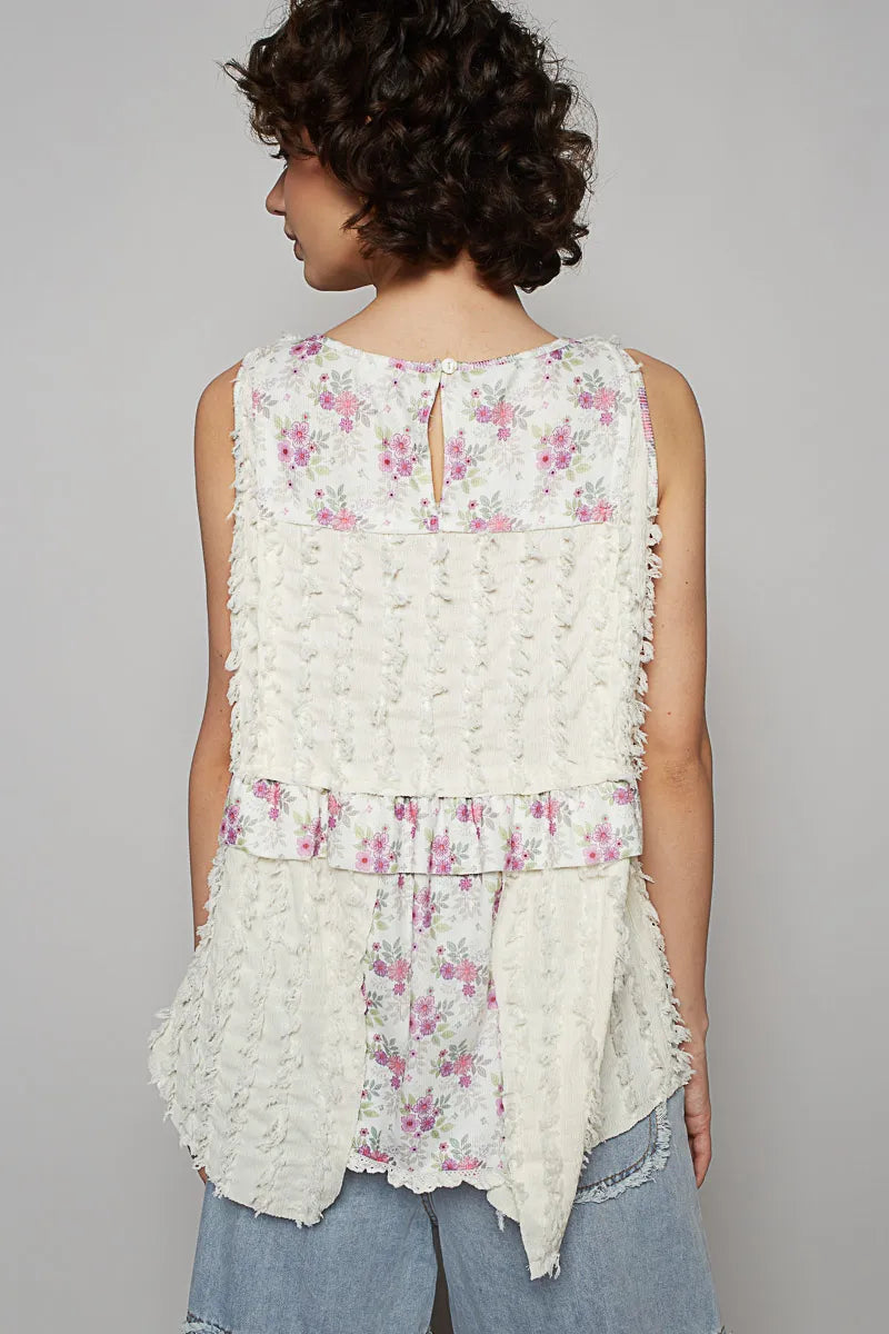TEEK - Ivory Floral Textured Round Neck Sleeveless Top TOPS TEEK Trend