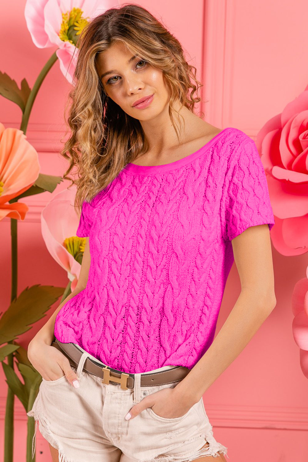 TEEK - Fuchsia Cable Knit Short Sleeve Sweater TOPS TEEK Trend   