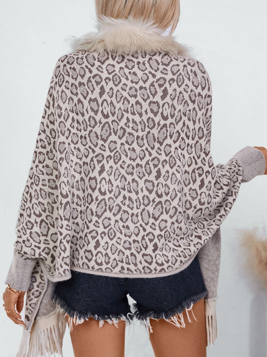 TEEK - Fringe Leopard Open Front Long Sleeve Poncho JACKET TEEK Trend