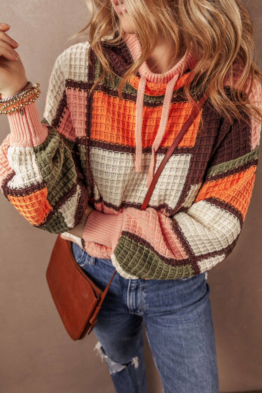 Drawstring Color Block Mock Neck Sweater TEEK Trend