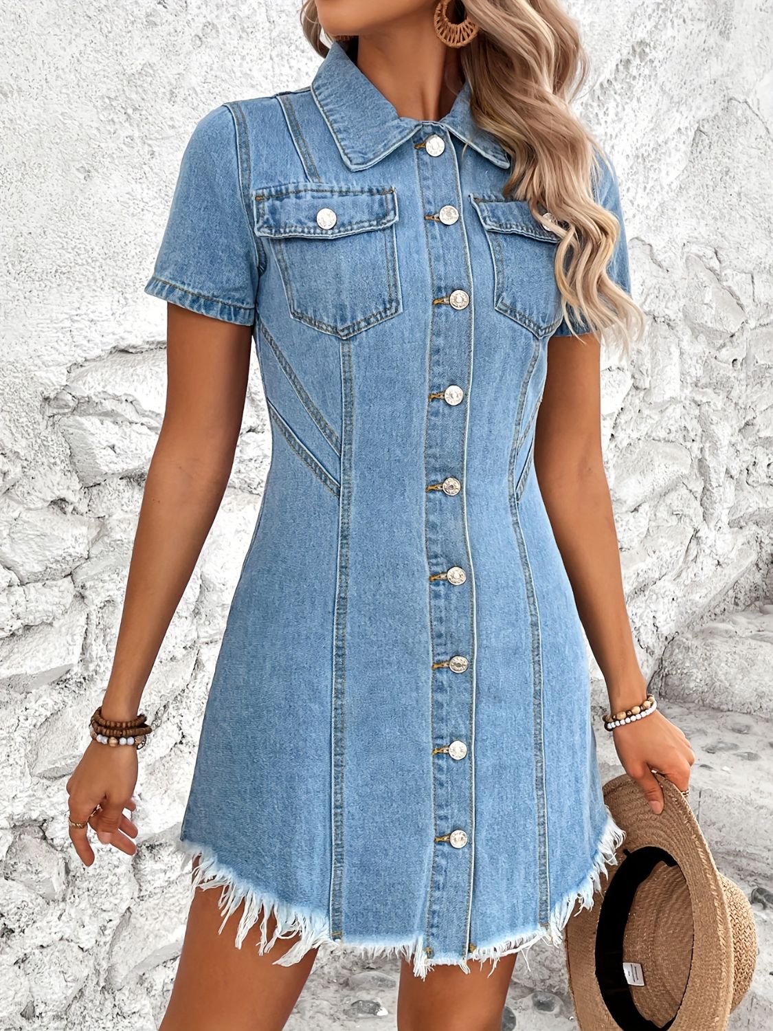 TEEK - Raw Hem Button Up Short Sleeve Light Wash Denim Dress  TEEK Trend   