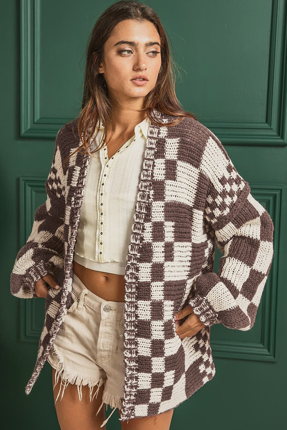 TEEK - Checkered Open Front Long Sleeve Cardigan SWEATER TEEK Trend