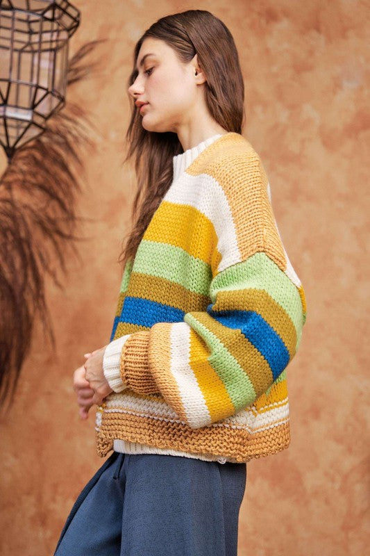 TEEK - Camel Multicolor Contrast Striped Open Front Lantern Sleeve Cardigan SWEATER TEEK Trend