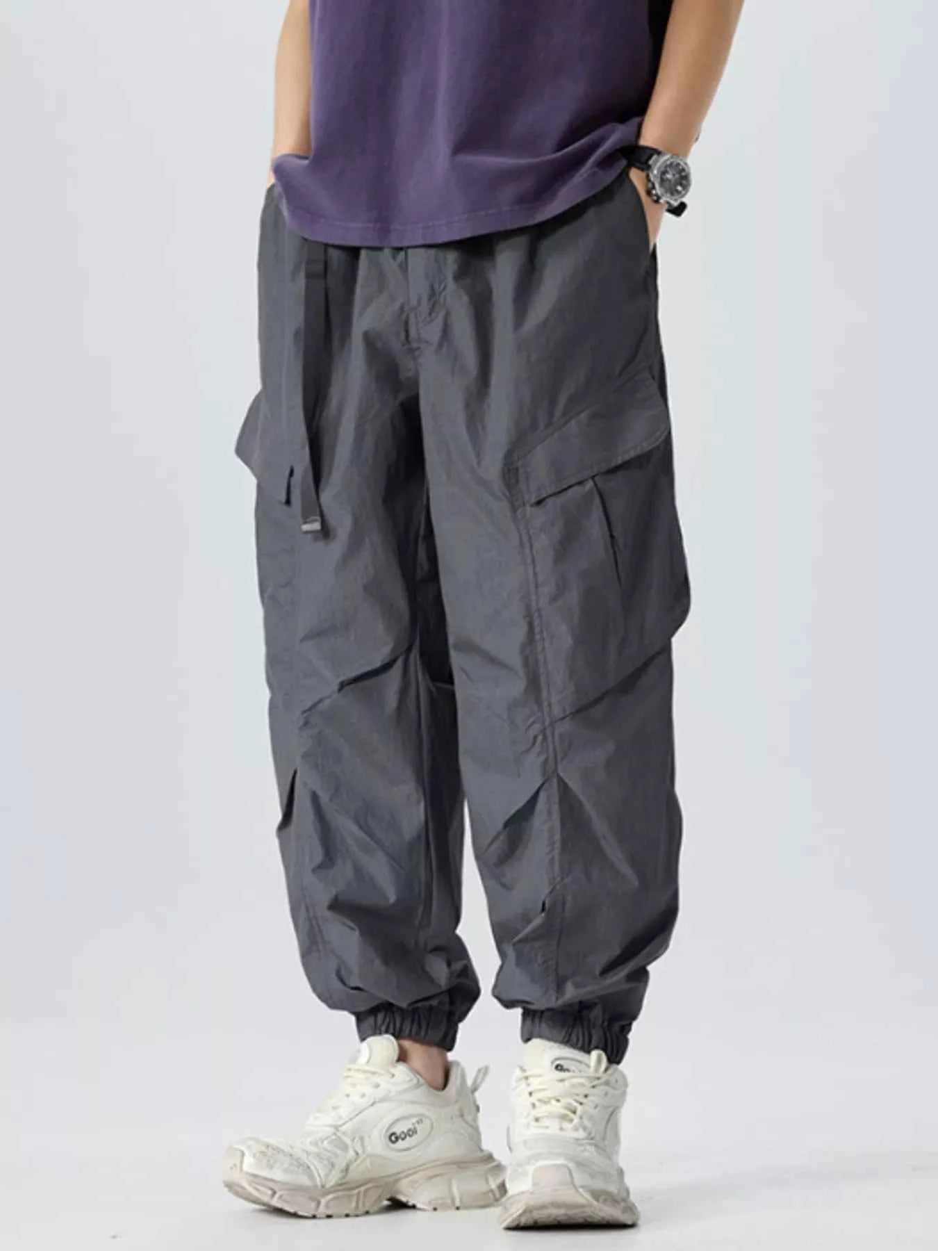 TEEK - Mens Full Size Lightweight Cargo Pants with Adjustable Belt Plus Size PANTS TEEK Trend Dark Gray S