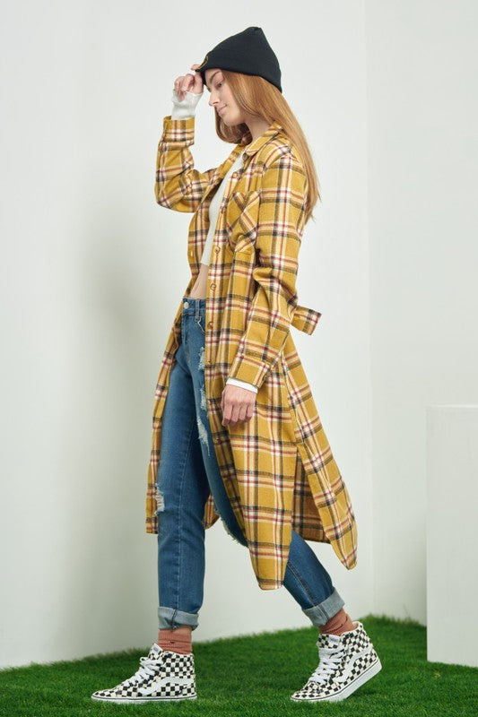 TEEK - PLAID PRINT COLLAR LONG SHIRT DRESS DRESS TEEK FG MUSTARD S 