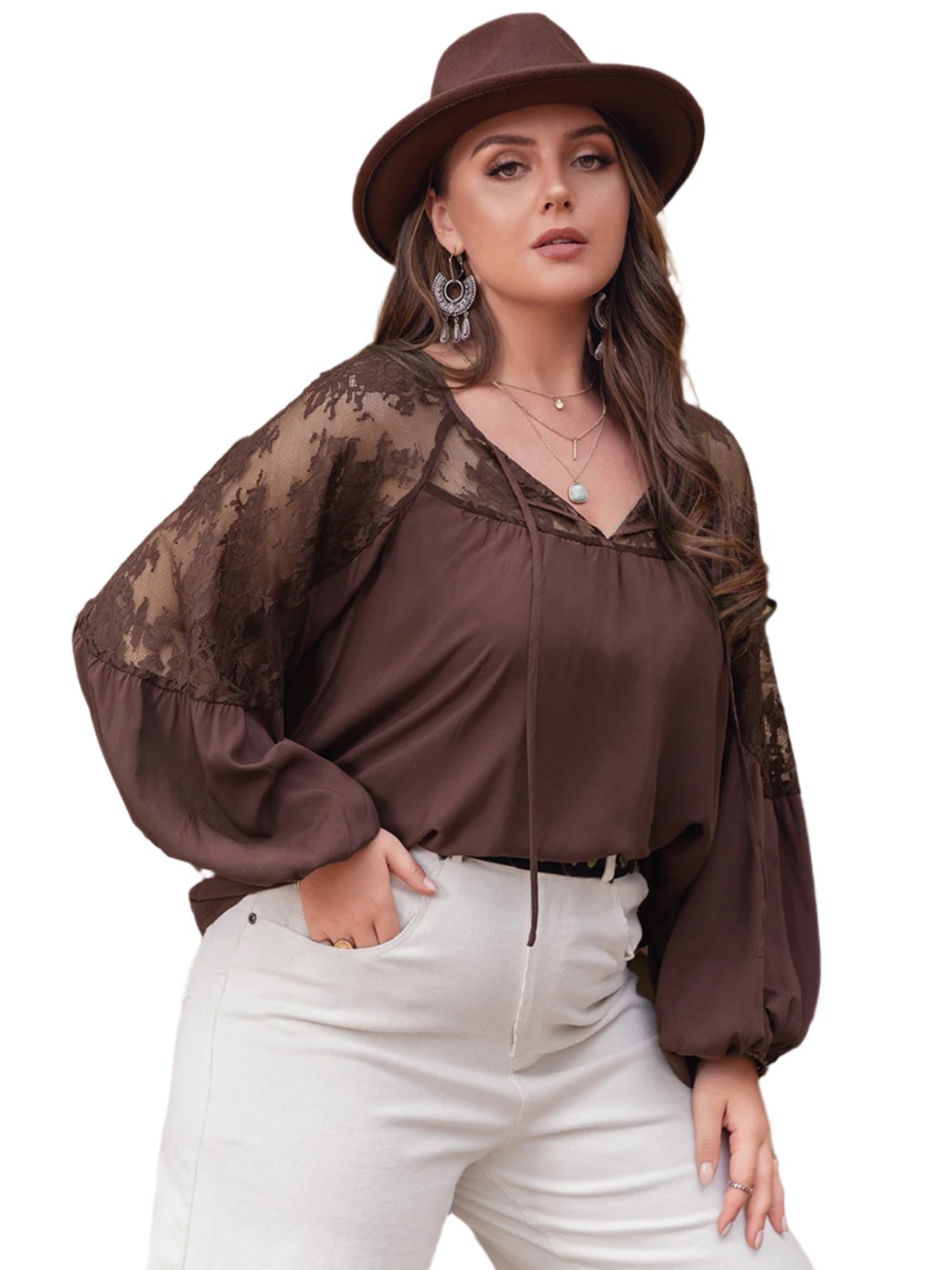 TEEK - Brown Plus Size Lace Detail Tie Neck Blouse TOPS TEEK Trend XL  