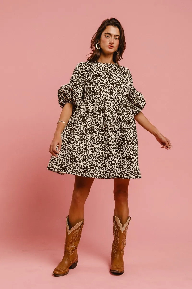 TEEK - Off White Leopard Back Contrast Tie Denim Dress DRESS TEEK Trend