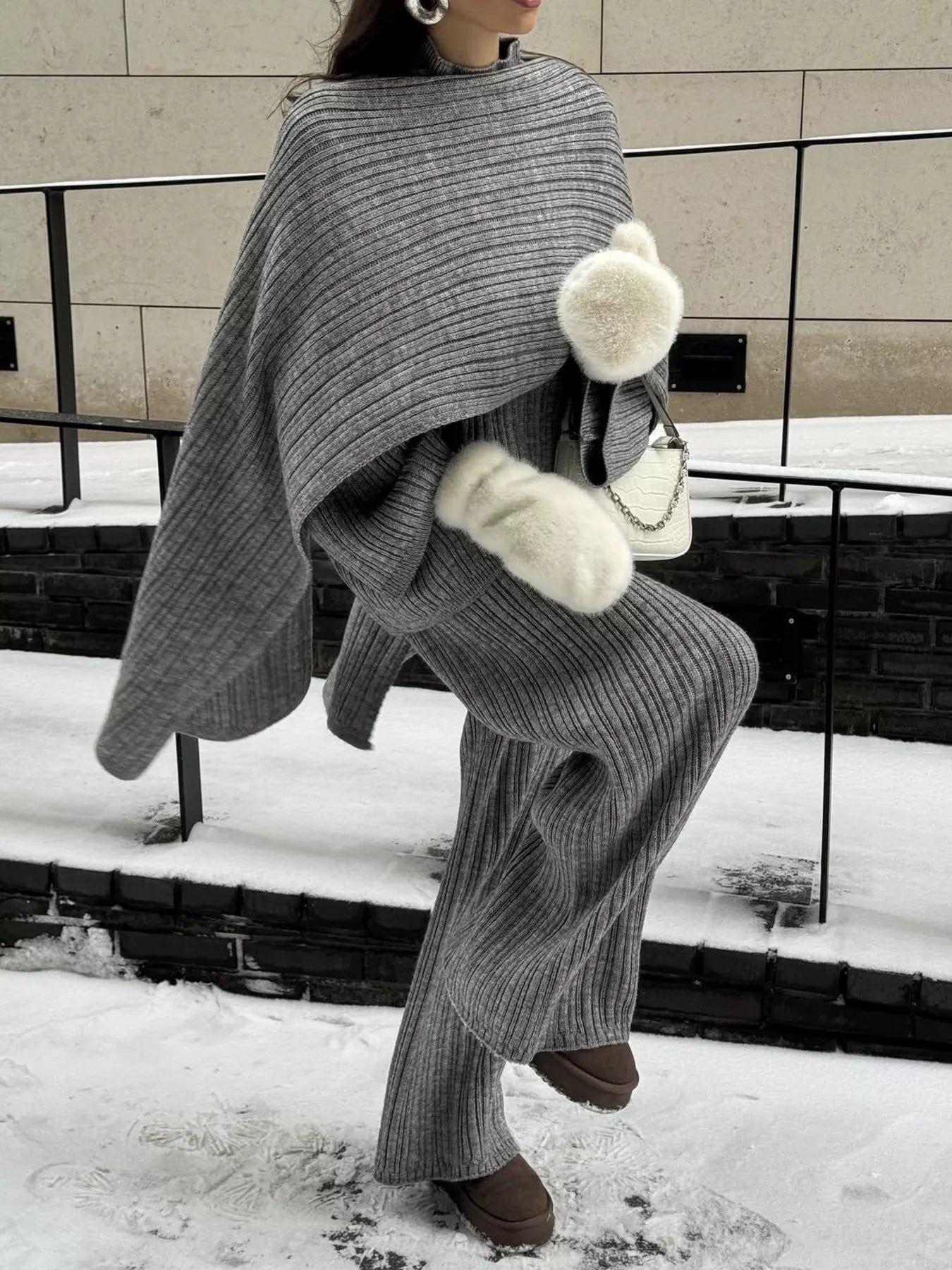 3-Piece Crew Neck Ribbed Sweater and Wide-Leg Pants Set with Scarf Trendsi Gray One Size