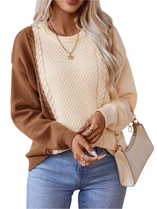 TEEK - Two Tone Cable Knit Round Neck Long Sleeve Sweater TOPS TEEK Trend