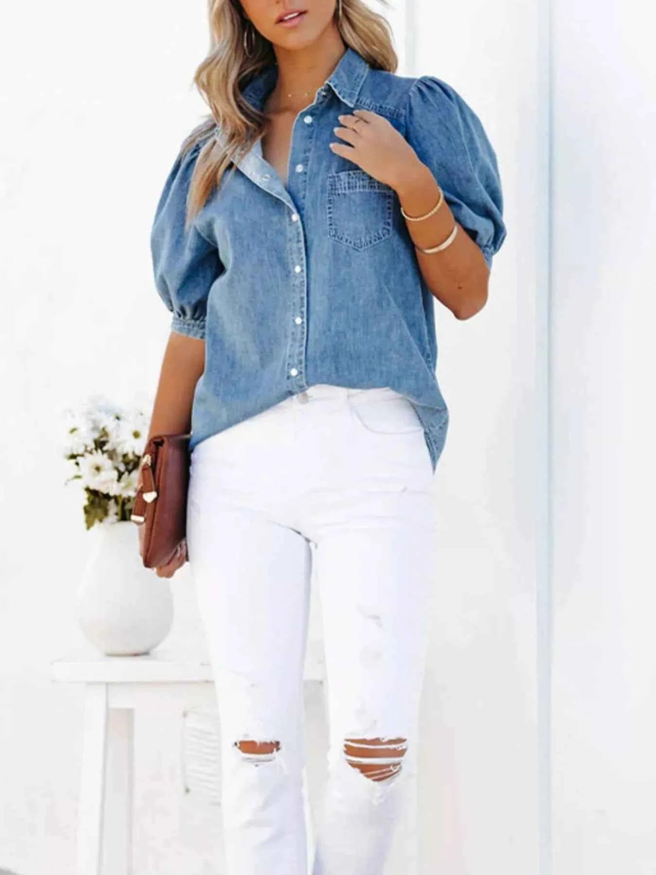 Puff Sleeve Button-Down Denim Top Trendsi