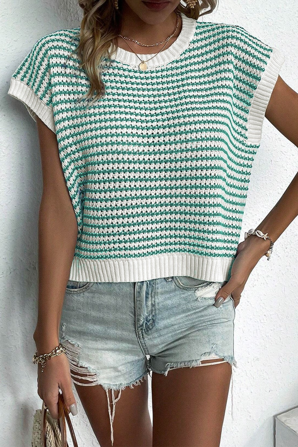 TEEK - Striped Round Neck Sweater Vest TOPS TEEK Trend Green S 
