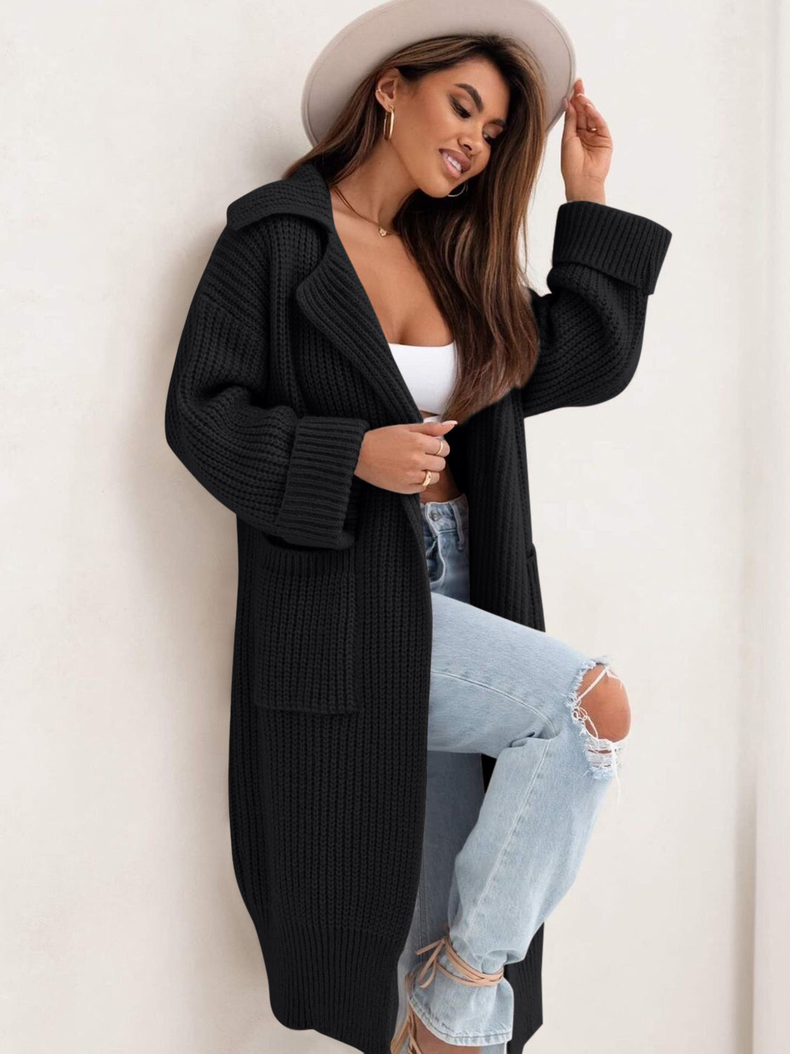 TEEK - Pocketed Collared Neck Dropped Shoulder Cardigan SWEATER TEEK Trend Black One Size