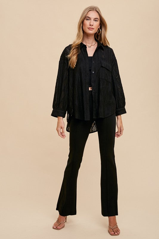 TEEK - Black Openwork Button Down Drop Shoulder Shirt TEEK Trend