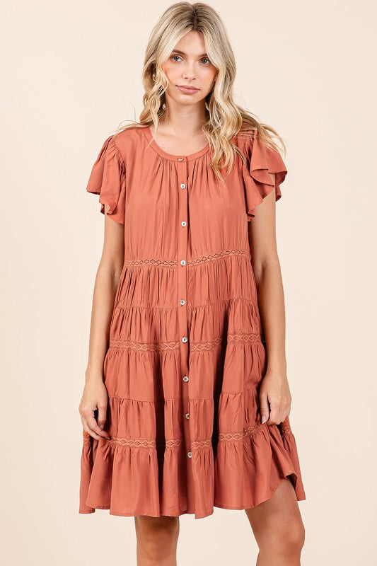 TEEK - Pumpkin Lace Ruffled Button Down Tiered Dress DRESS TEEK Trend