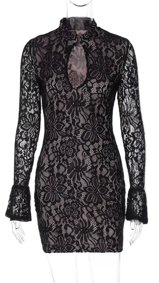 Lace Cutout Long Sleeve Mini Dress Trendsi