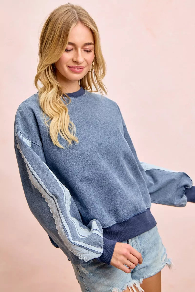 BiBi Washed Denim Lace Contrast Sided Sweatshirt Trendsi