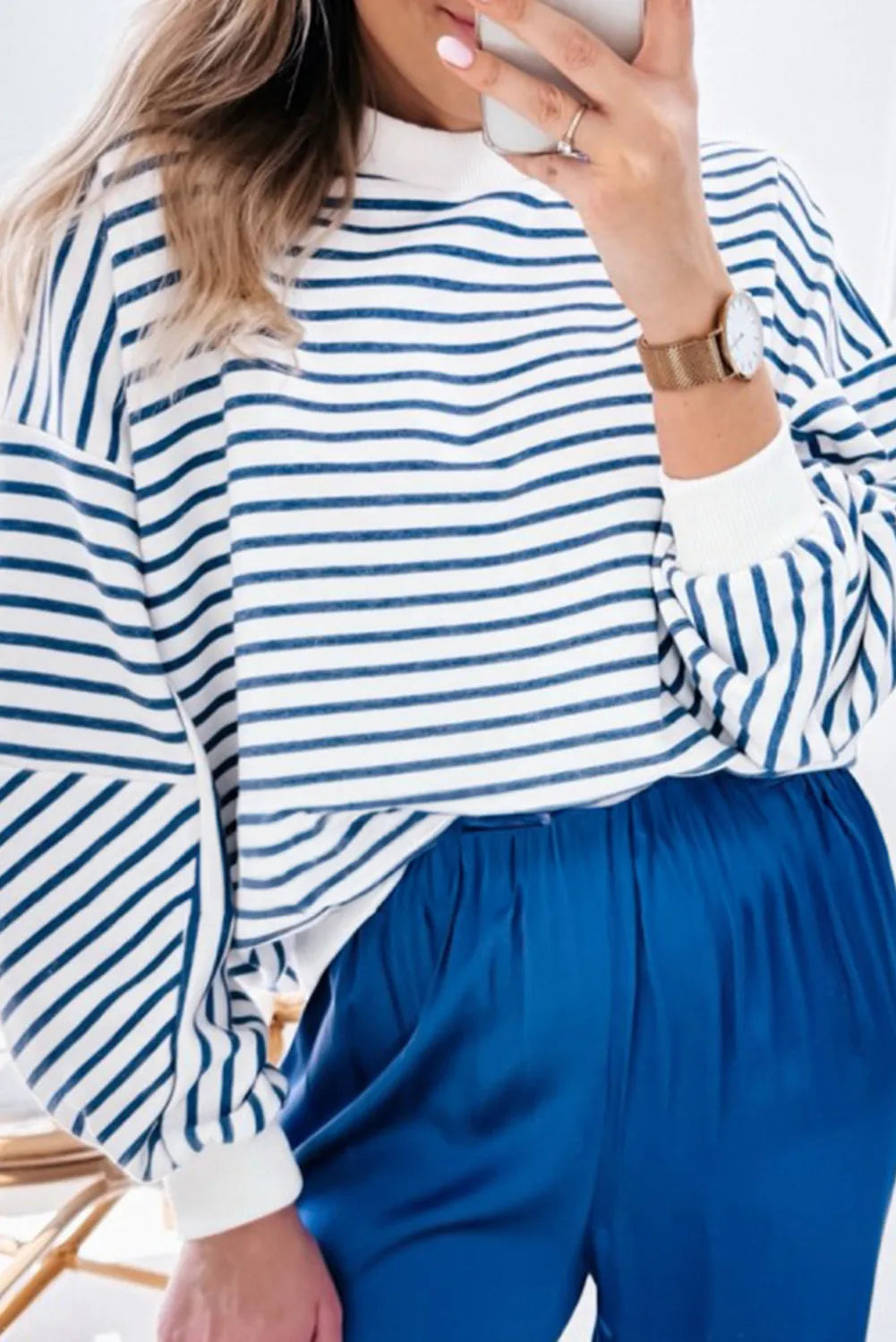 TEEK - Striped Dropped Shoulder Long Sleeve Sweatshirt TOPS TEEK Trend Peacock  Blue S 