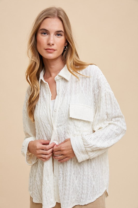 TEEK - Ivory Openwork Button Down Drop Shoulder Shirt TOPS TEEK Trend