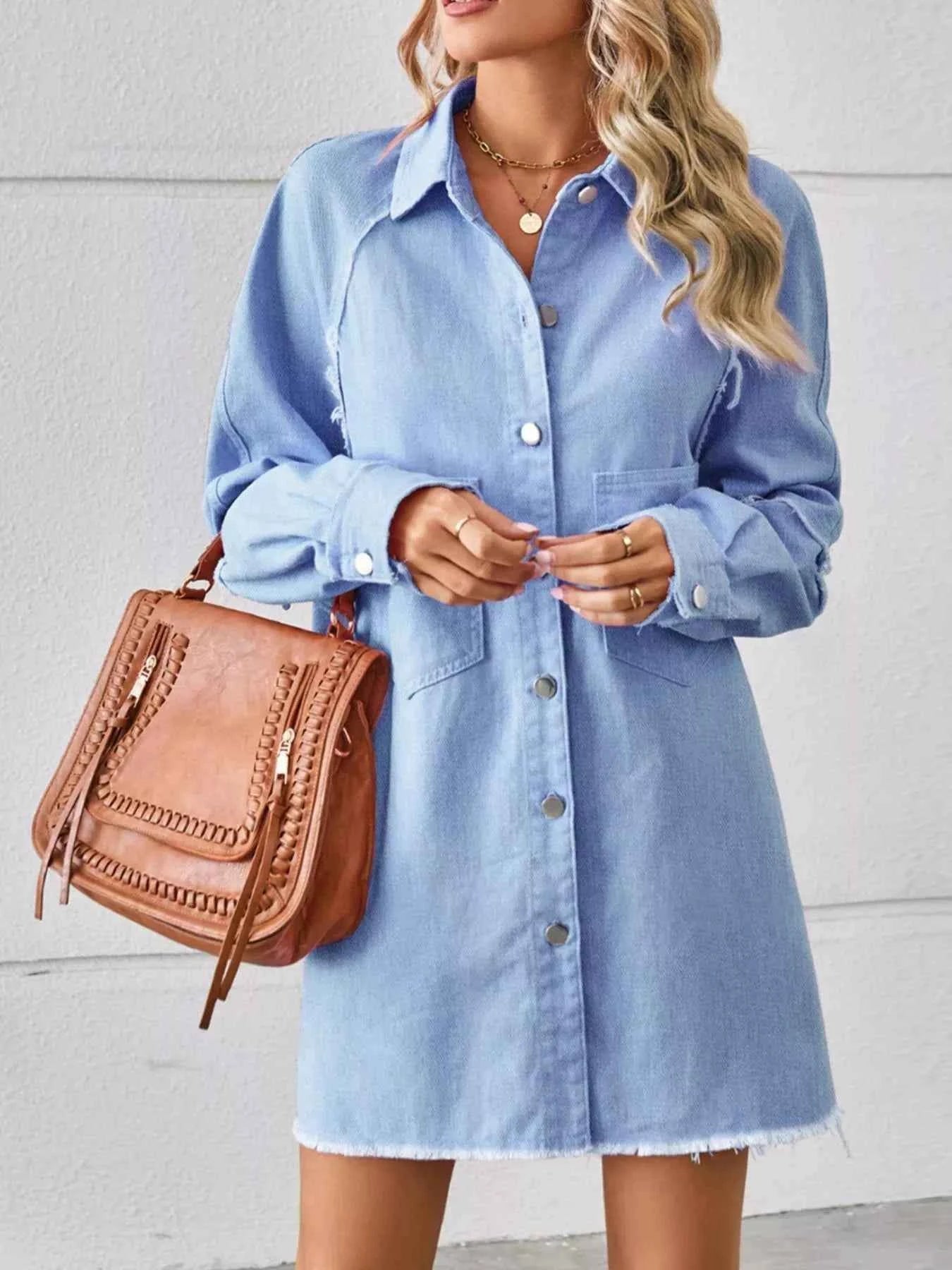 TEEK - Button-Down Raw Hem Denim Dress DRESS TEEK Trend
