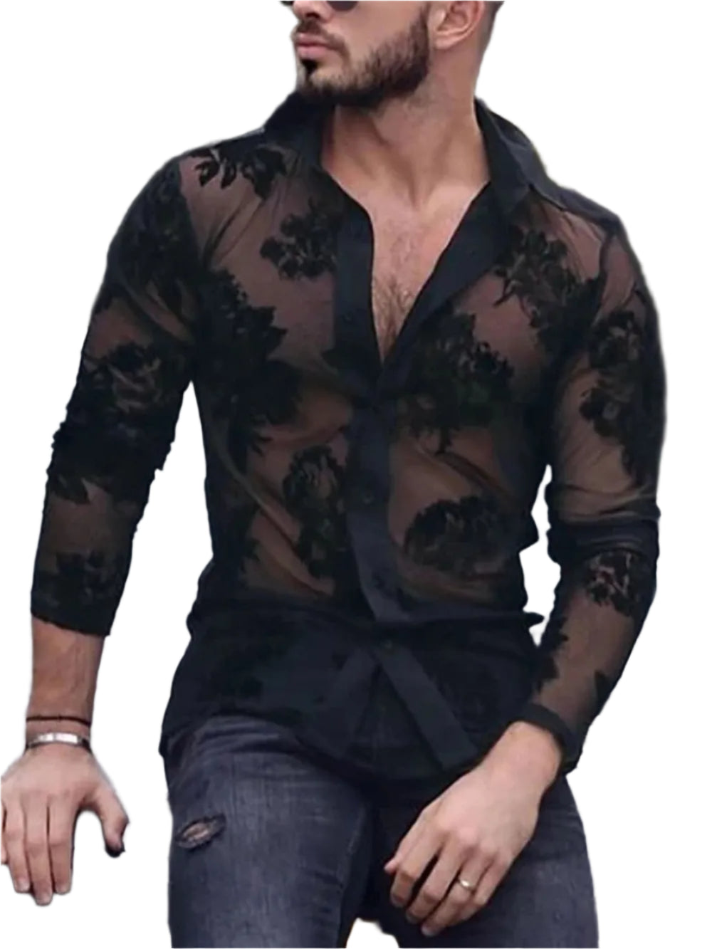 TEEK - Men's Black Lace Button Down Long Sleeve Shirt TOPS TEEK Trend S