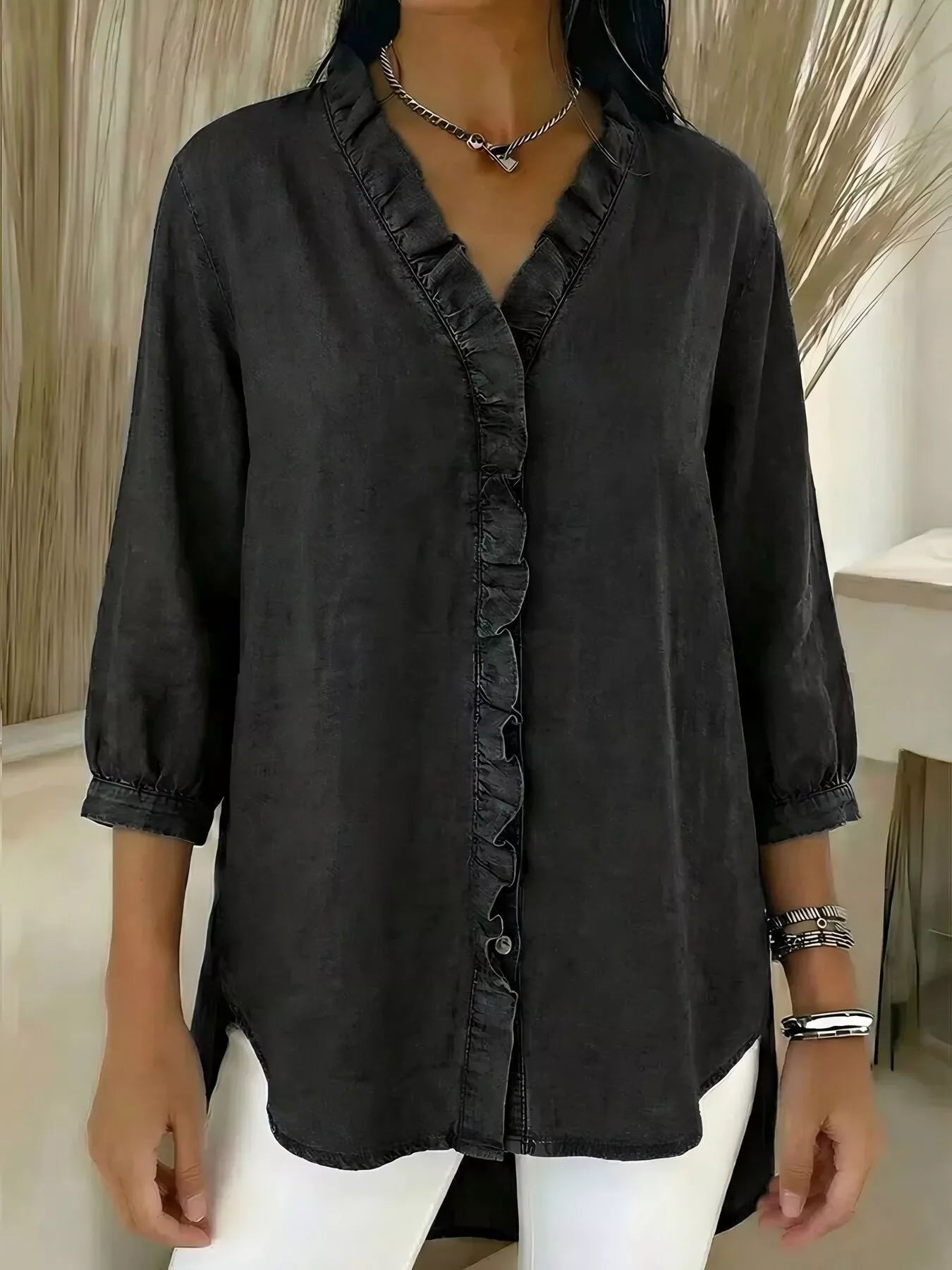 TEEK - Full Size V-Neck Ruffled Button Down Shirt Plus Size TOPS TEEK Trend Black S