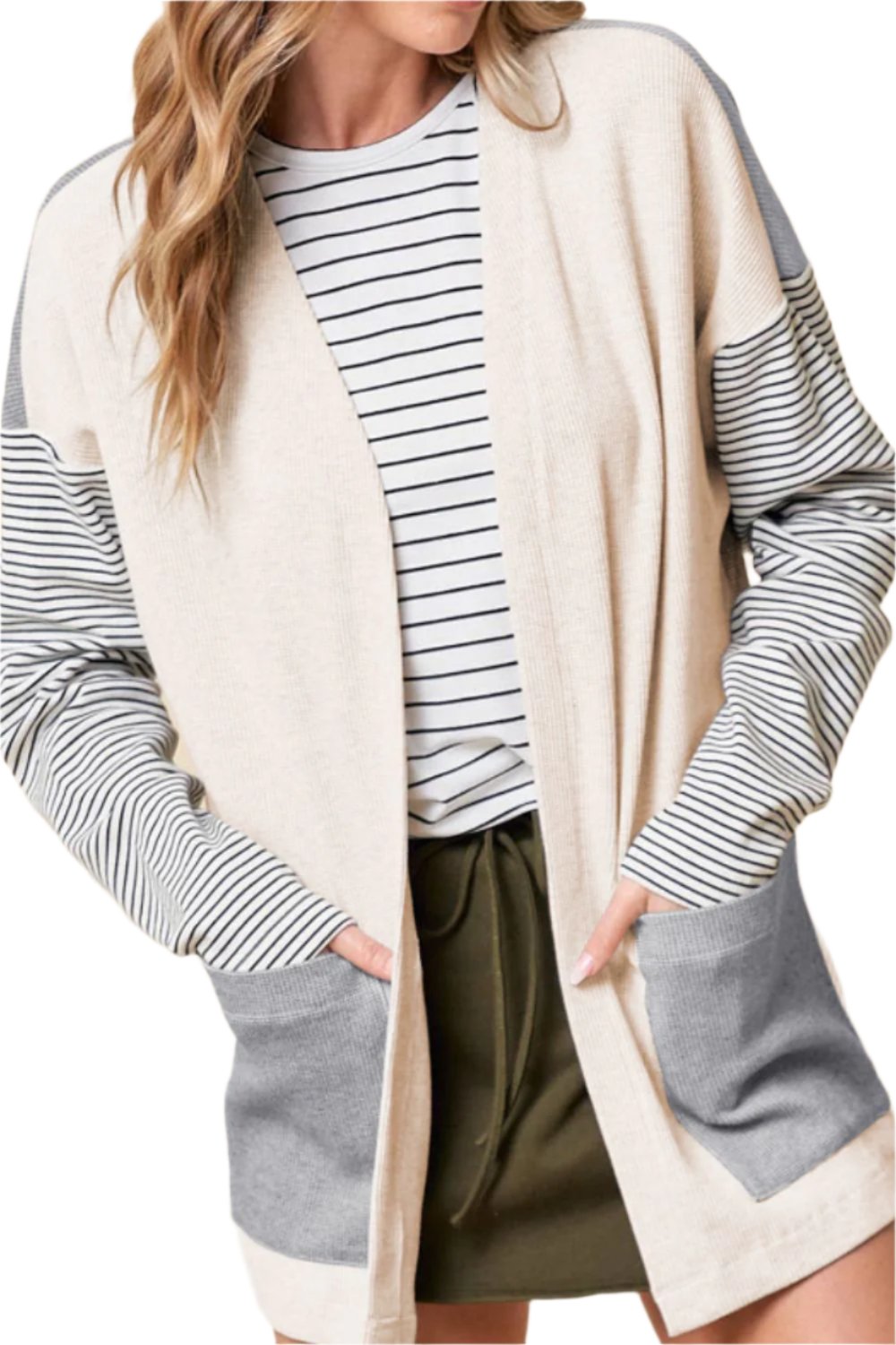 TEEK - Light Grey Open Front Long Sleeve Striped Pocketed Cardigan SWEATER TEEK Trend S