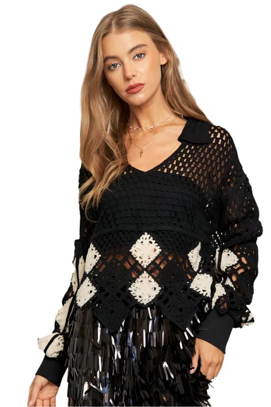 TEEK - Crochet V-Neck Long Sleeve Knit Sweater Top SWEATER TEEK FG Black L/XL 