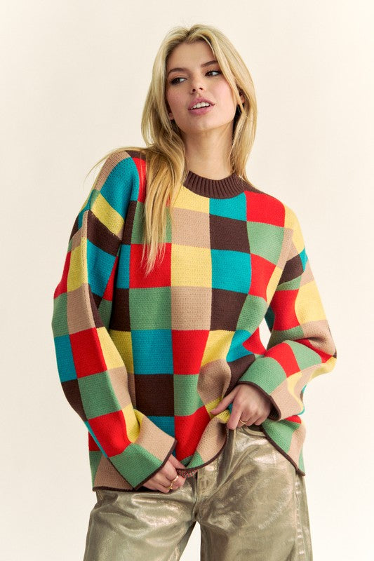 TEEK - Brown Multi Color Block Checkered Dropped Shoulder Sweater TOPS TEEK Trend