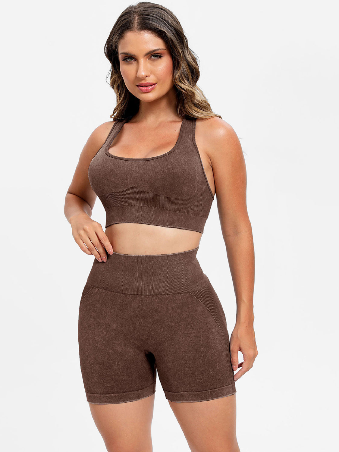 TEEK - Scoop Neck Wide Strap Top Shorts Active Set  TEEK Trend Dark Brown S 