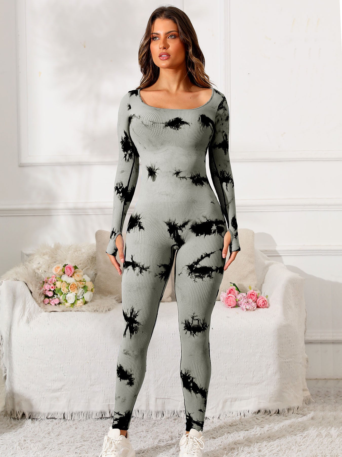 TEEK - Scoop Neck Long Sleeve Active Jumpsuit JUMPSUIT TEEK Trend Gray S 