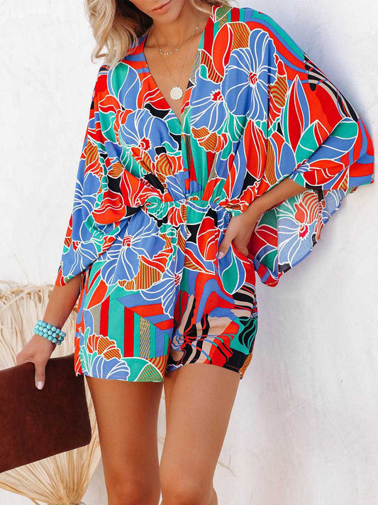 TEEK - Tied Printed Kimono Sleeve Romper JUMPSUIT TEEK Trend Multicolor S 