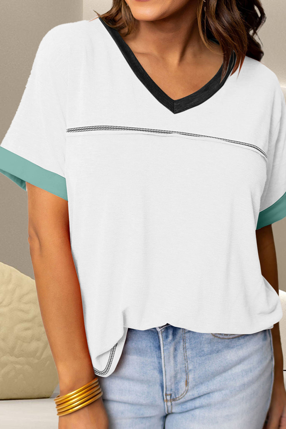 TEEK - Color Block Edge V-Neck Short Sleeve T-Shirt TOPS TEEK Trend   