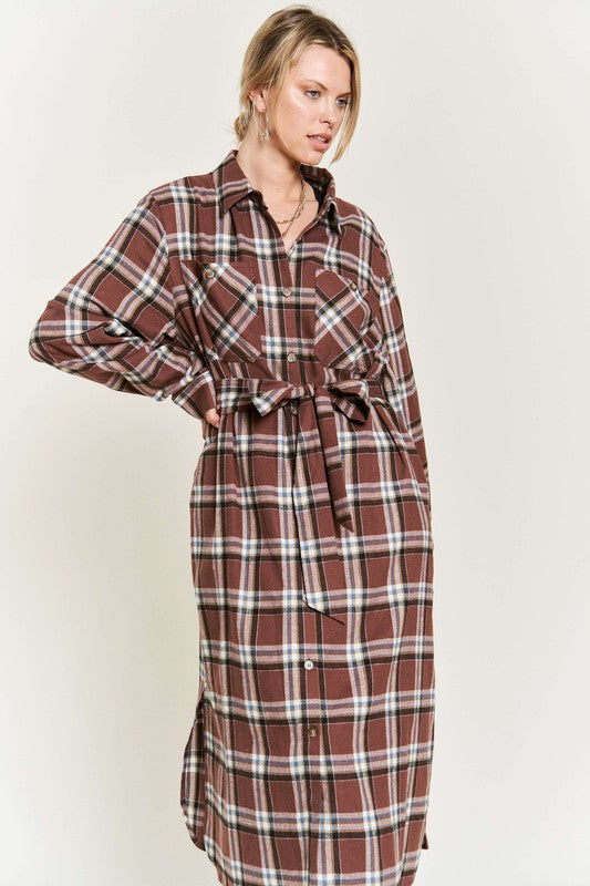 TEEK - PLUS SIZE  PLAID PRINT COLLAR LONG SHIRT DRESS DRESS TEEK FG   