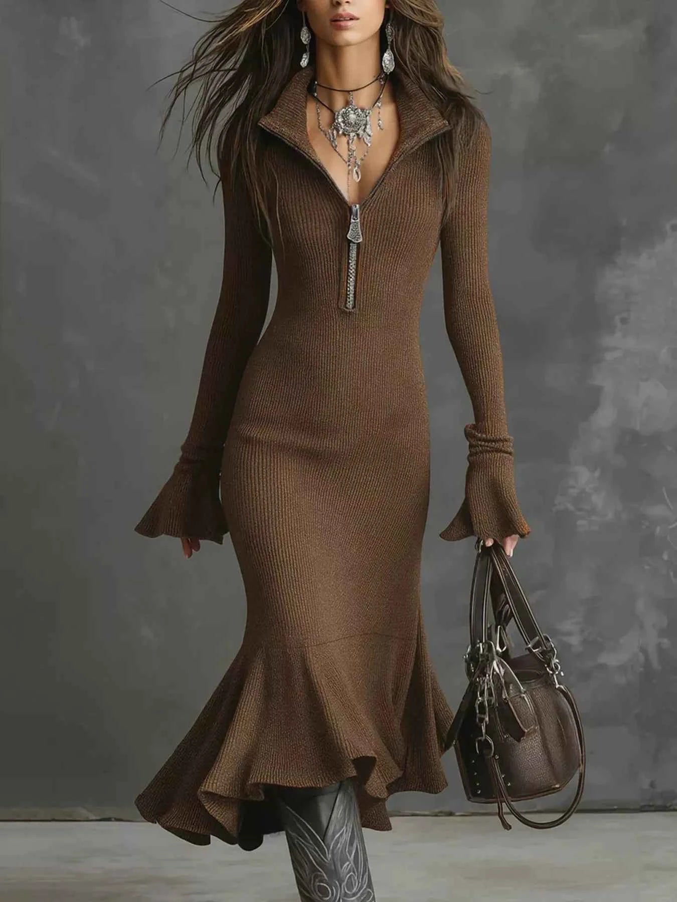 TEEK - Ribbed Knit Zip Front Flare Hem Midi Dress Trendsi Brown S