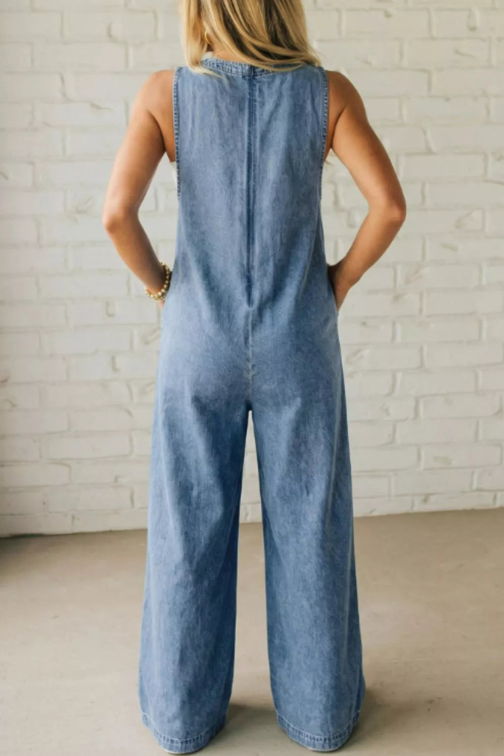 Acid Wash Pintuck Tie V Neck Denim Wide Leg Jumpsuit Trendsi