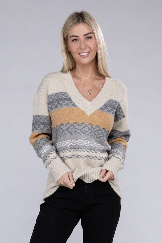 TEEK - Beige Multicolor Stripe V Neck Sweater SWEATER TEEK FG S  