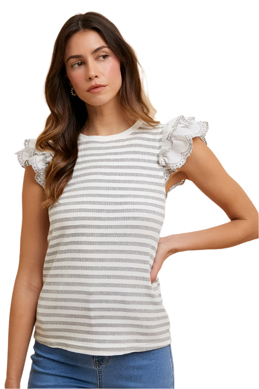 TEEK - Light Grey Ruffled Striped Round Neck Cap Sleeve Knit Top TOPS TEEK Trend S