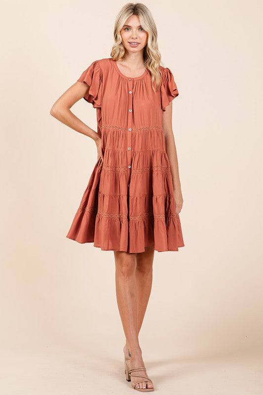 TEEK - Pumpkin Lace Ruffled Button Down Tiered Dress DRESS TEEK Trend
