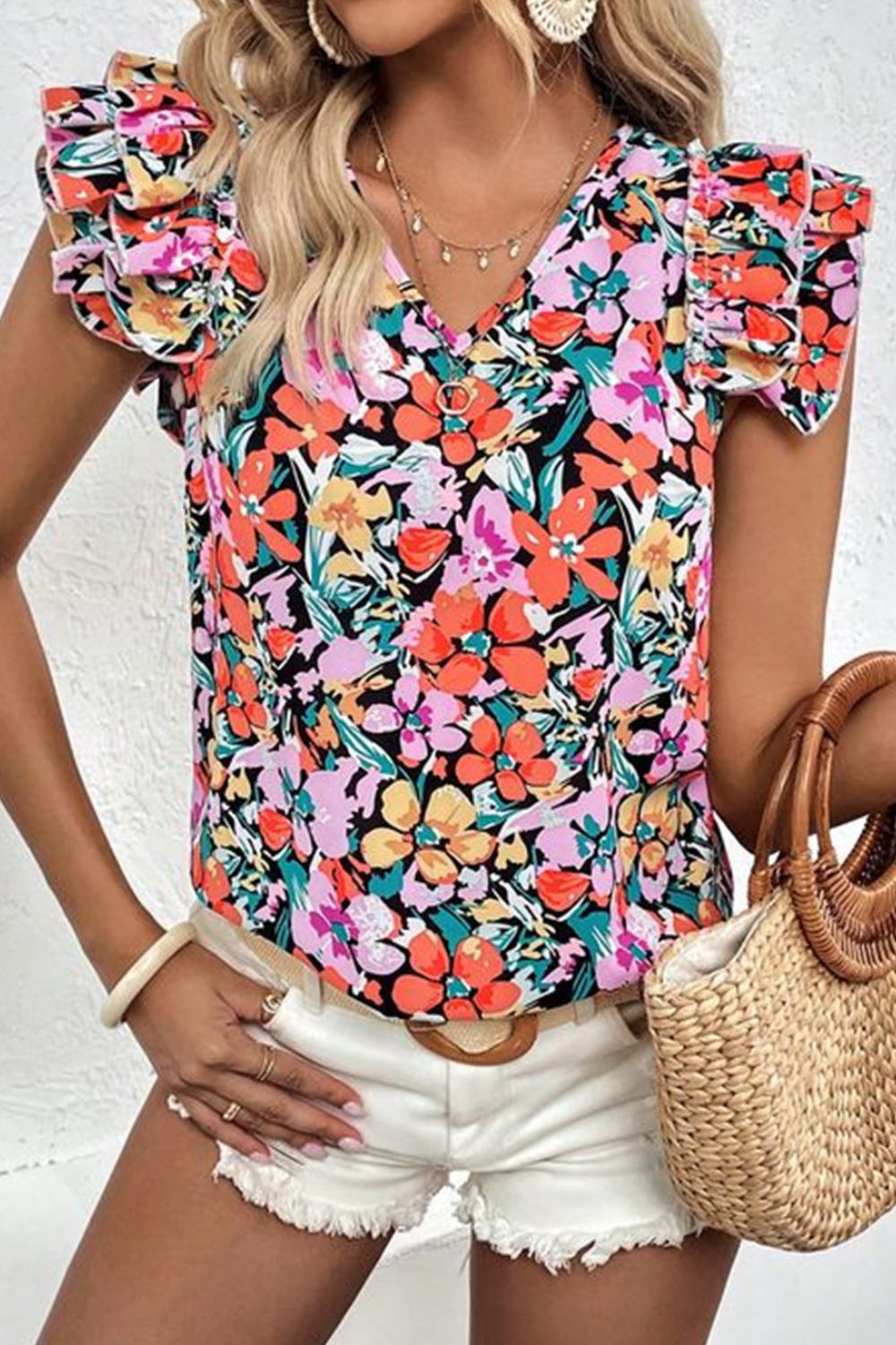 TEEK - Floral Ruffled V-Neck Cap Sleeve Blouse TOPS TEEK Trend   